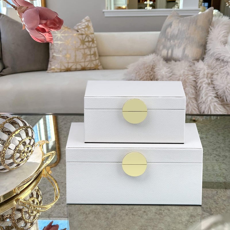HofferRuffer Faux Leather Jewelry Boxes, Decorative Boxes Storage Accessory Organizer with Gold Hardware Decor, Classic Vegan Leather Set of 2 Pieces (White) - Image 5